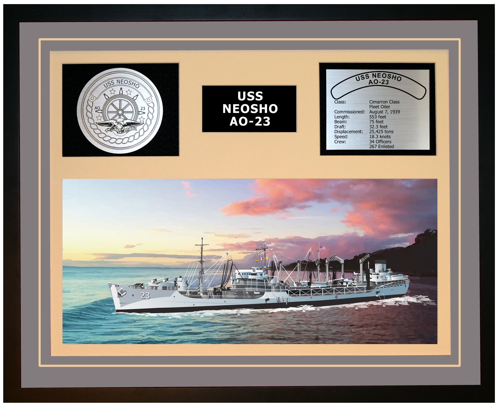 USS NEOSHO AO-23 Framed Navy Ship Display Grey
