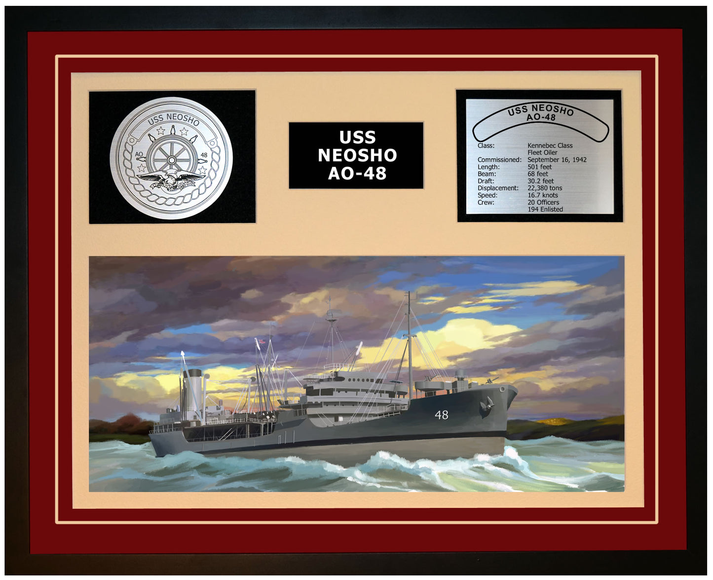 USS NEOSHO AO-48 Framed Navy Ship Display Burgundy
