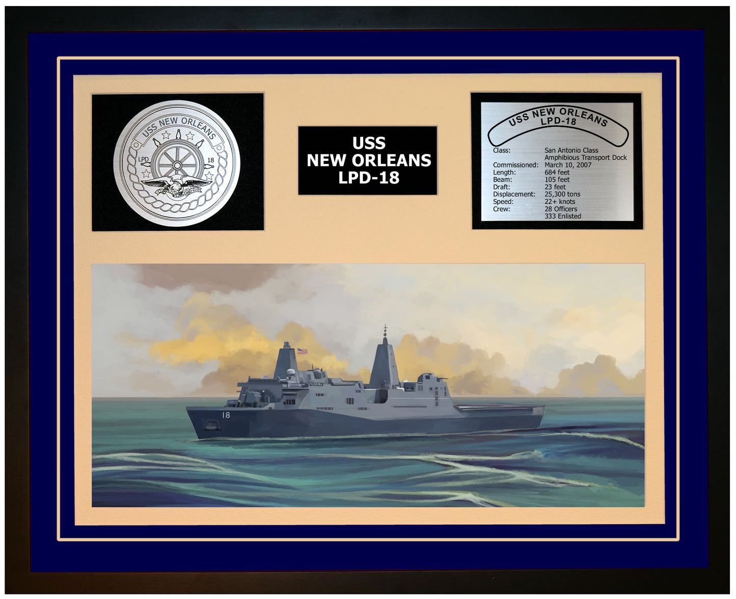 USS NEW ORLEANS LPD-18 Framed Navy Ship Display Blue