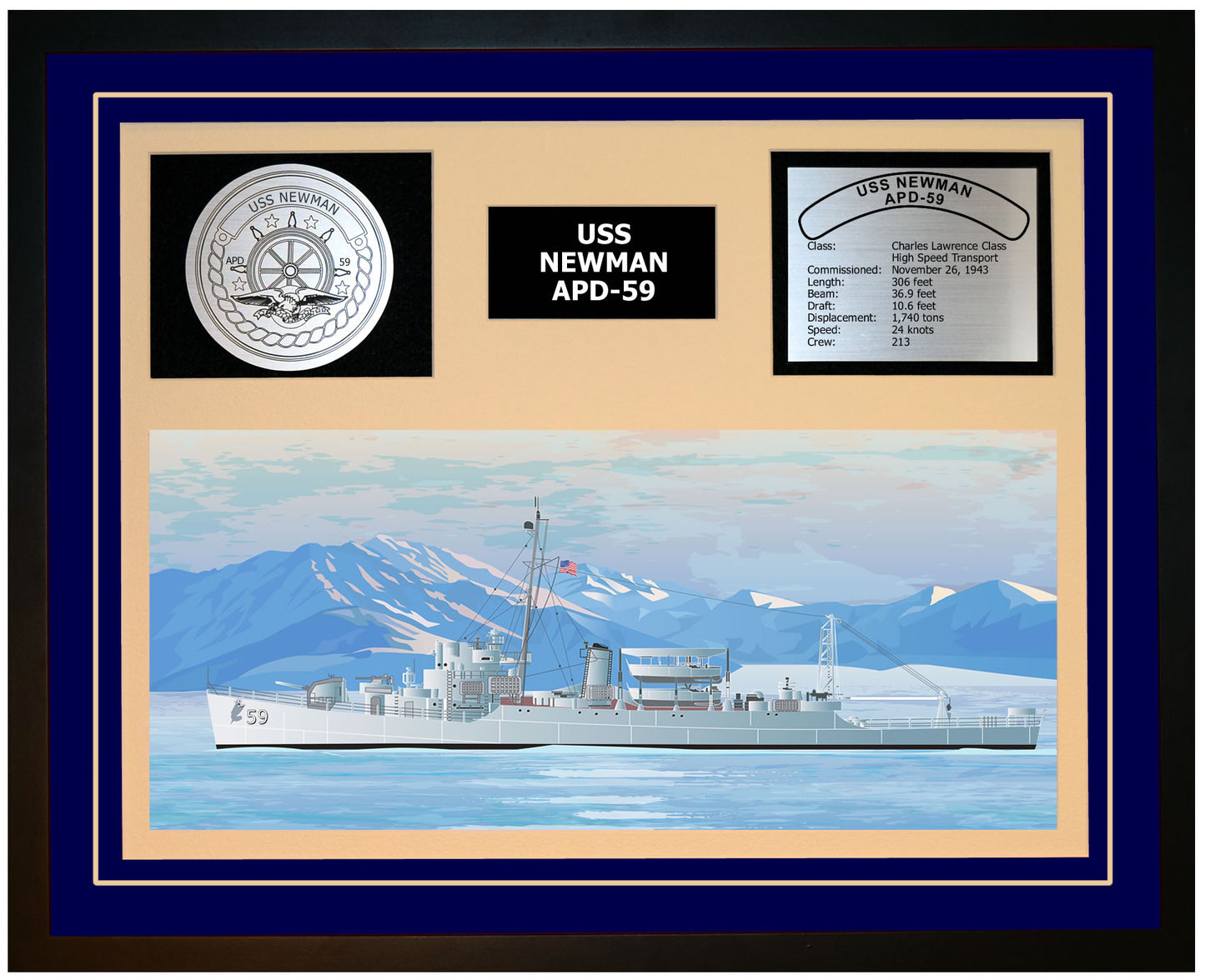 USS NEWMAN APD-59 Framed Navy Ship Display Blue