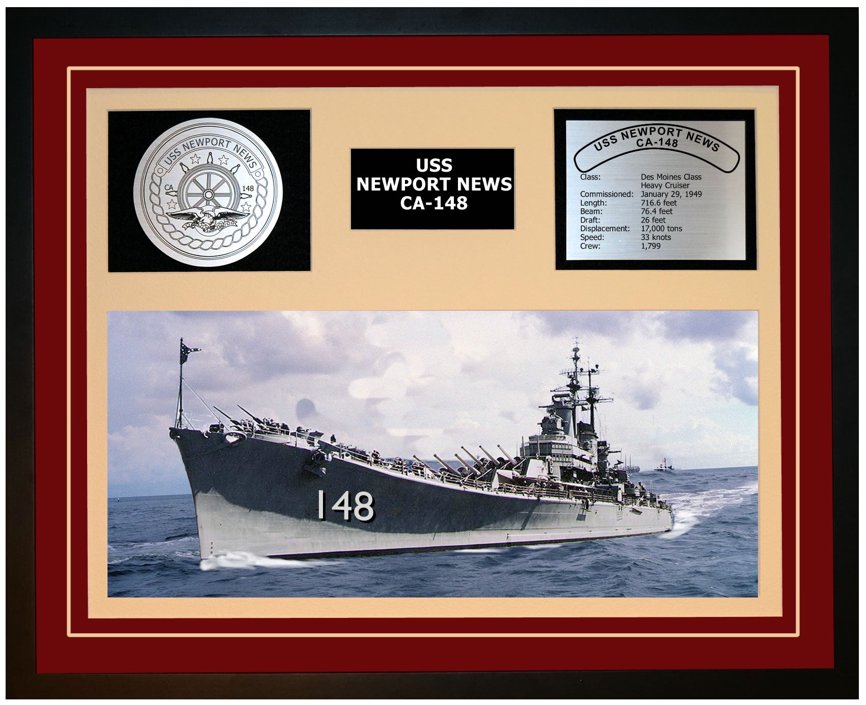 USS NEWPORT NEWS CA-148 Framed Navy Ship Display Burgundy