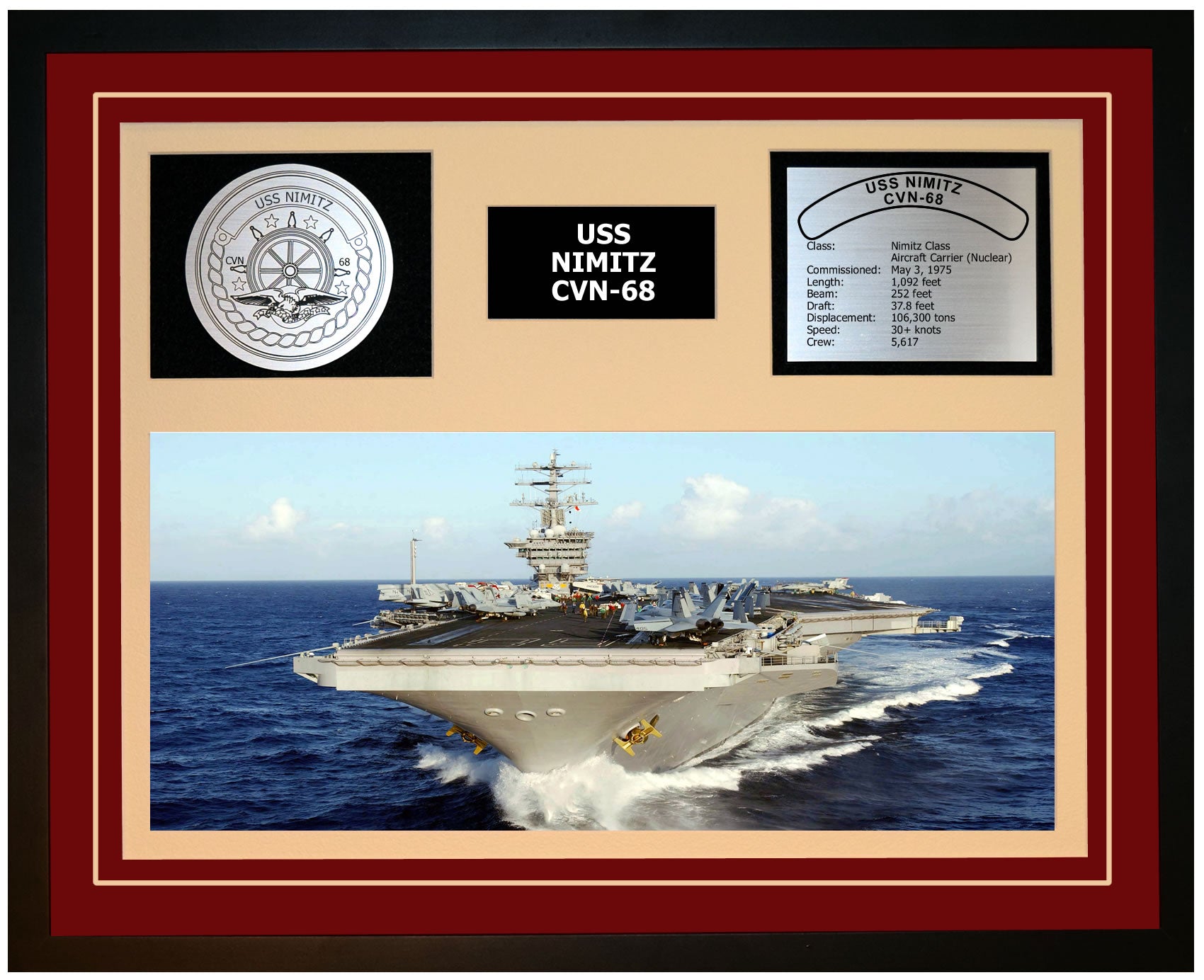 USS NIMITZ CVN-68 Framed Navy Ship Display Burgundy