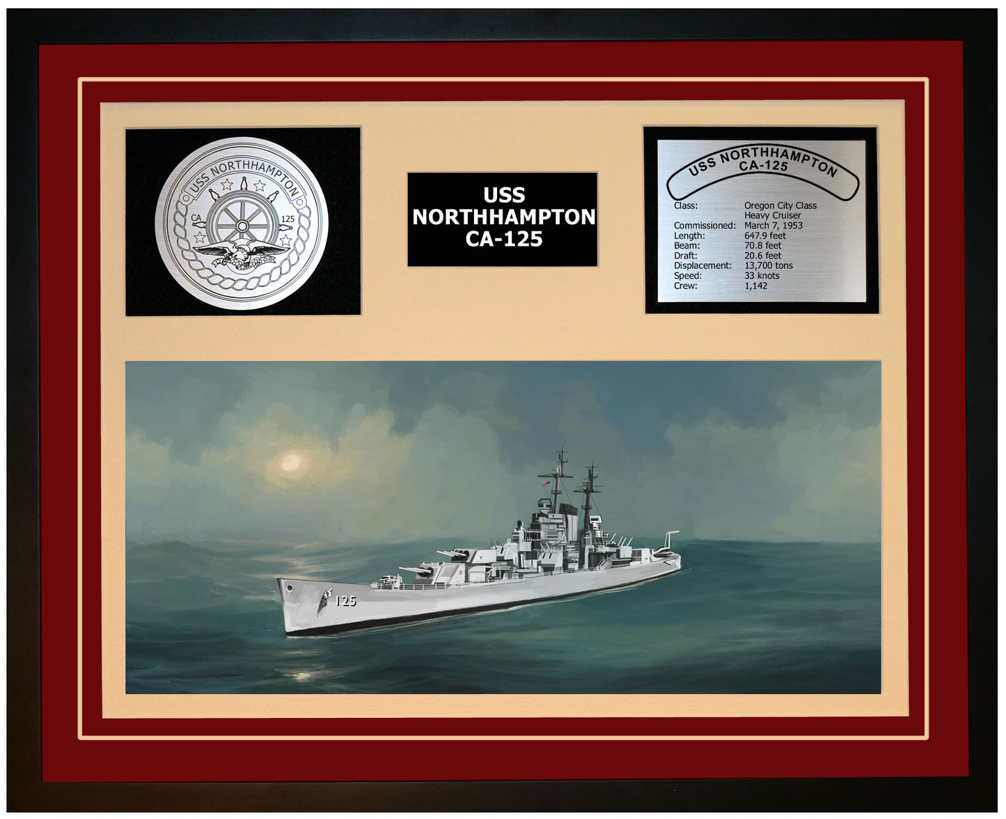 USS NORTHHAMPTON CA-125 Framed Navy Ship Display Burgundy