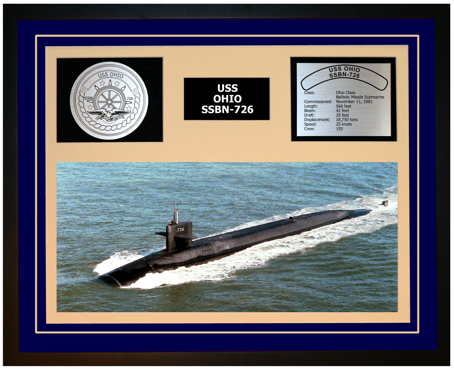 USS OHIO SSBN-726 Framed Navy Ship Display Blue