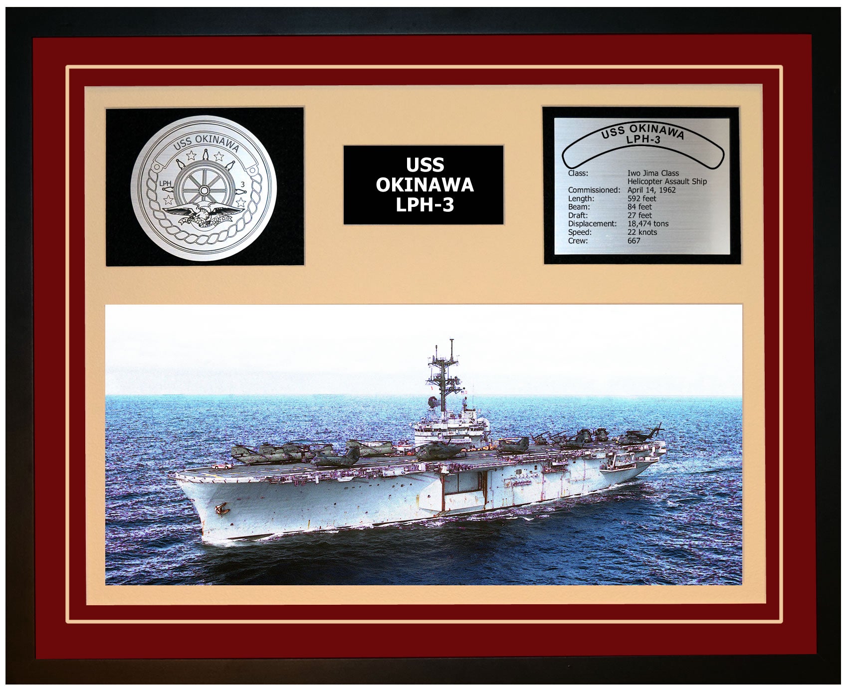 USS OKINAWA LPH-3 Framed Navy Ship Display Burgundy