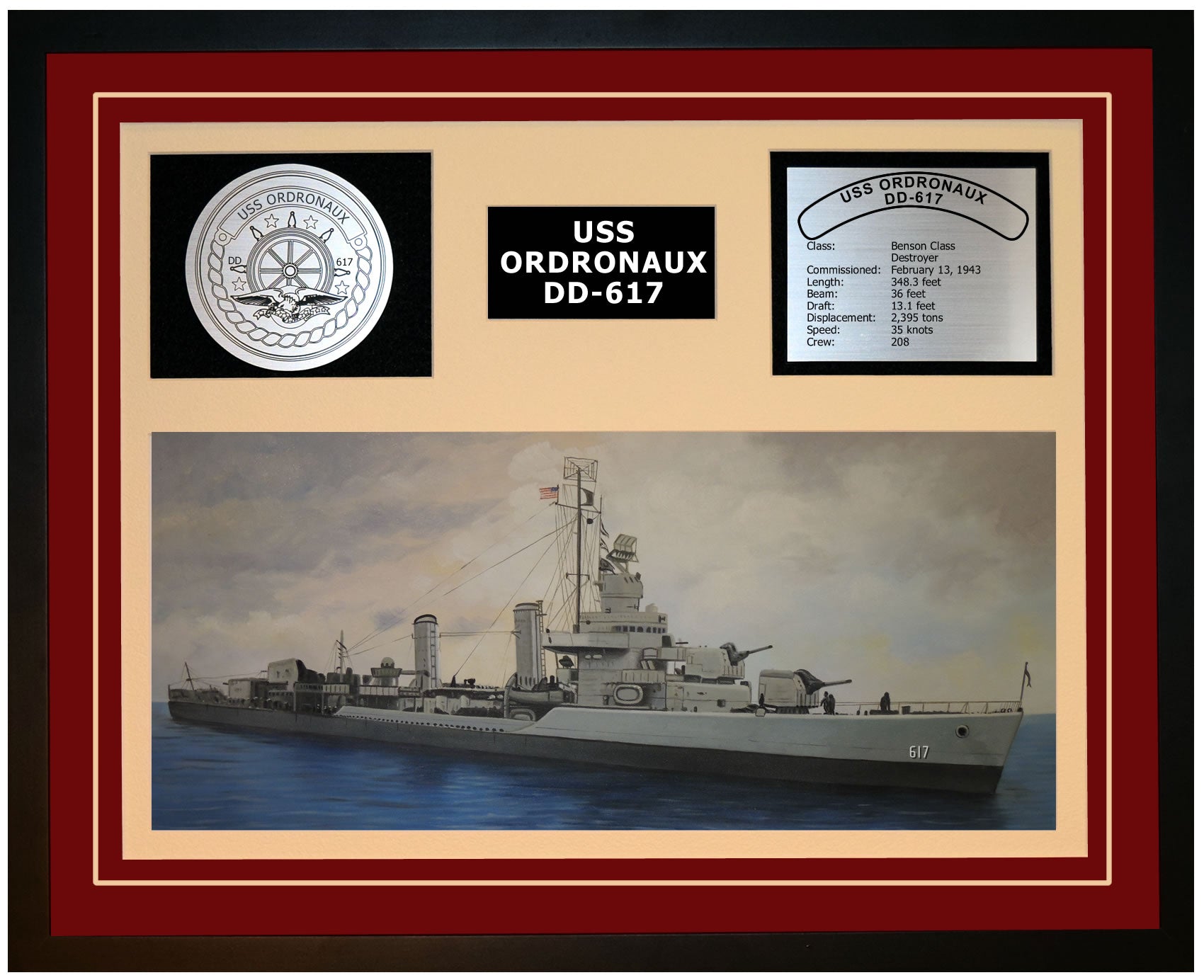 USS ORDRONAUX DD-617 Framed Navy Ship Display Burgundy