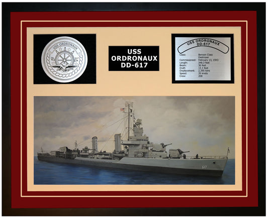 USS ORDRONAUX DD-617 Framed Navy Ship Display Burgundy