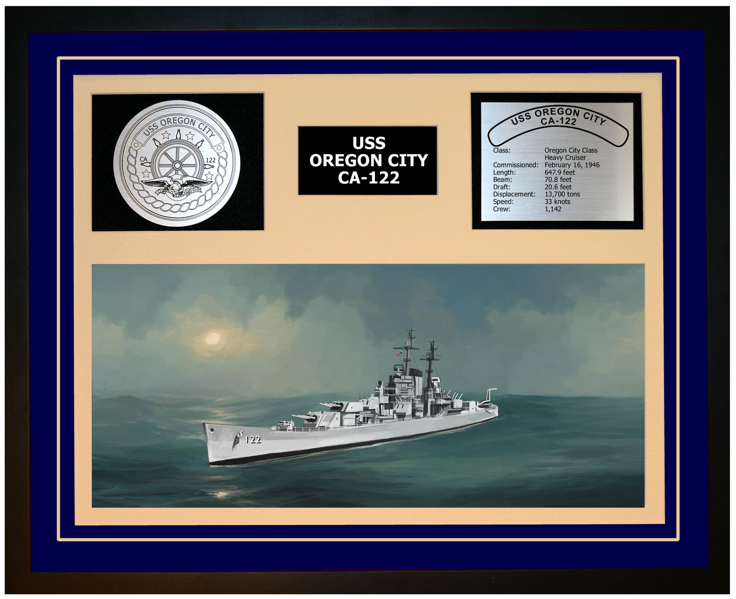 USS OREGON CITY CA-122 Framed Navy Ship Display Blue