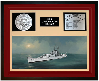 USS OREGON CITY CA-122 Framed Navy Ship Display Burgundy