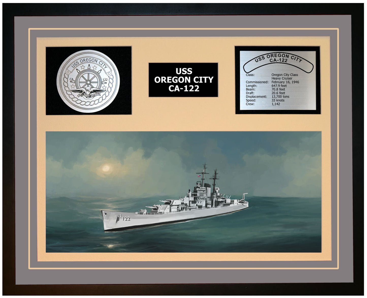 USS OREGON CITY CA-122 Framed Navy Ship Display Grey