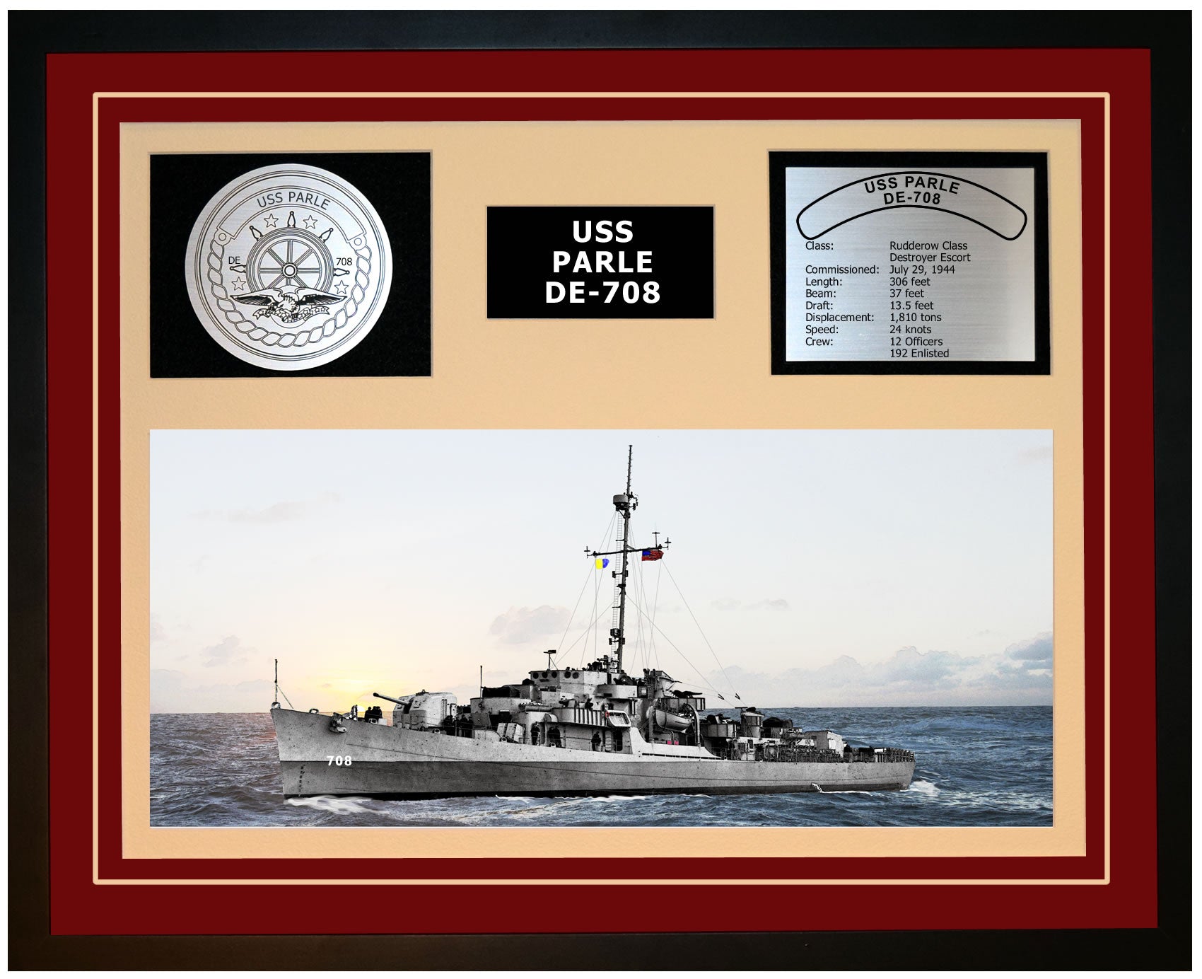 USS PARLE DE-708 Framed Navy Ship Display Burgundy
