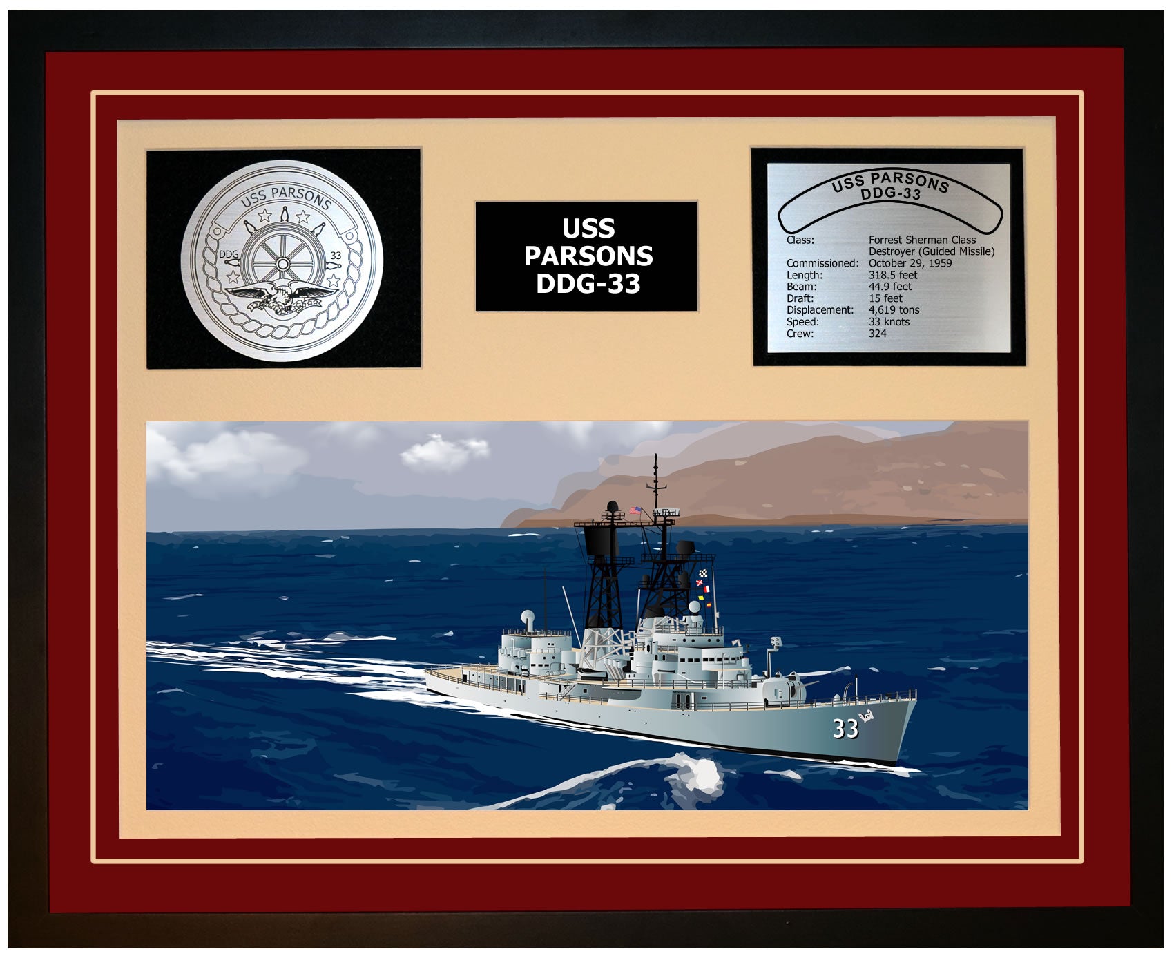 USS PARSONS DDG-33 Framed Navy Ship Display Burgundy
