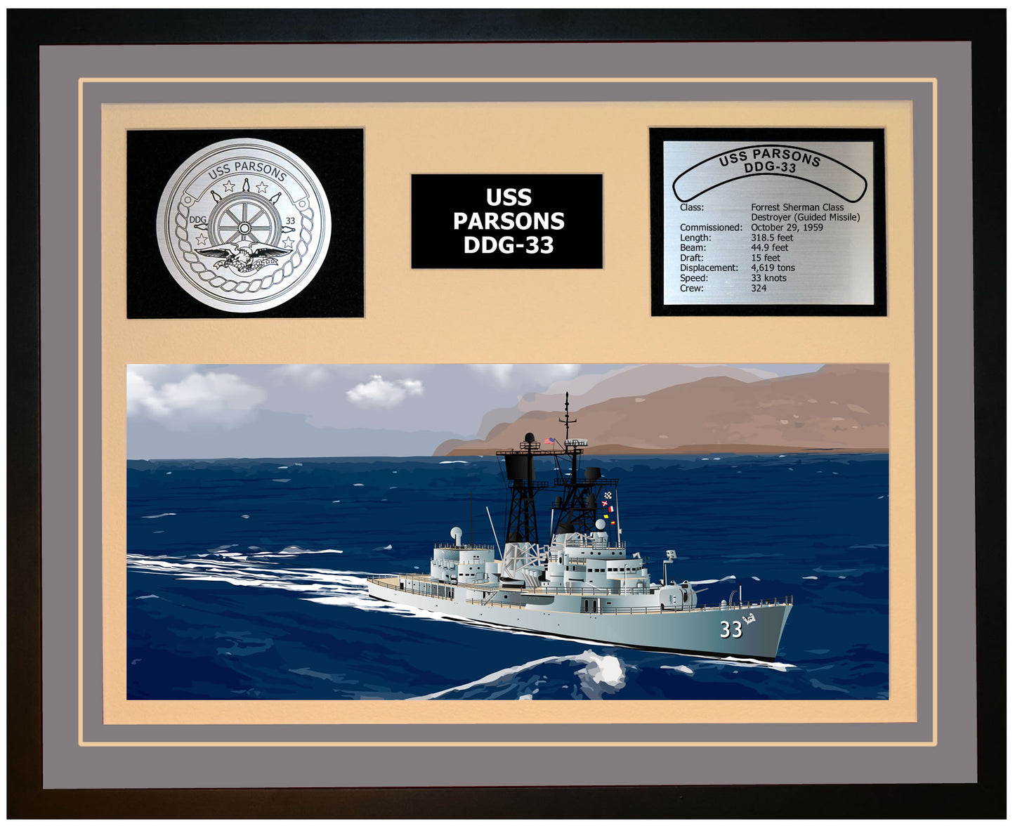USS PARSONS DDG-33 Framed Navy Ship Display Grey