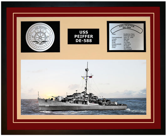 USS PEIFFER DE-588 Framed Navy Ship Display Burgundy