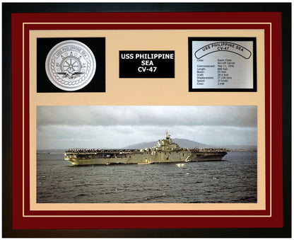 USS PHILIPPINE SEA CV-47 Framed Navy Ship Display Burgundy
