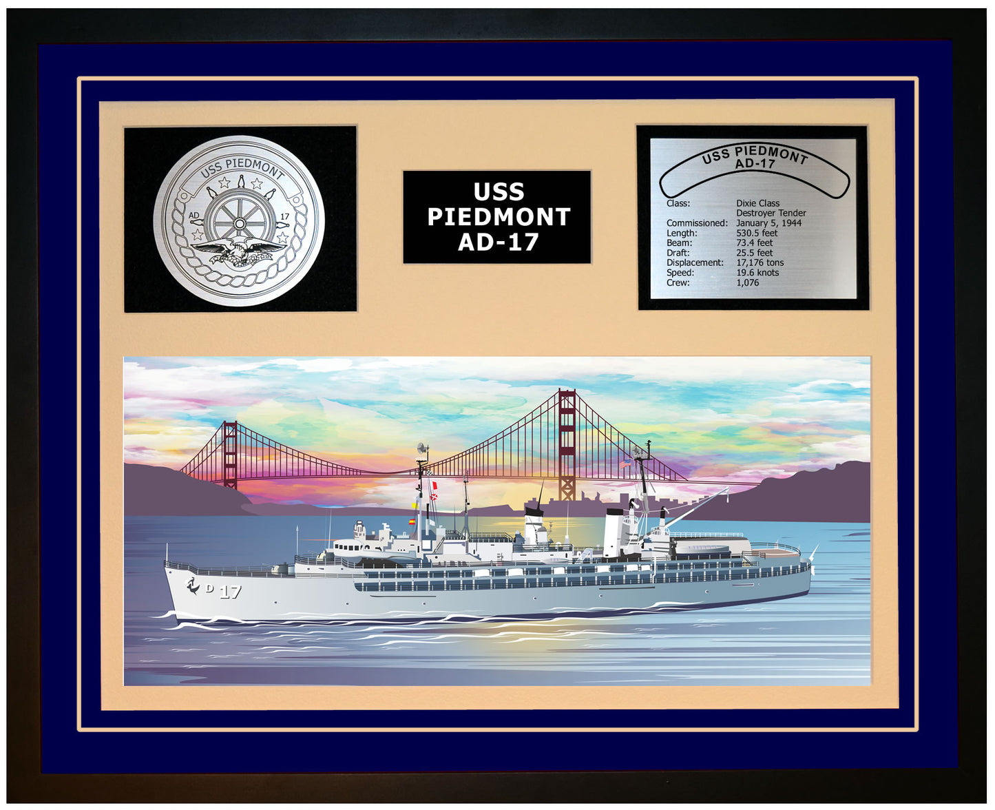 USS PIEDMONT AD-17 Framed Navy Ship Display Blue