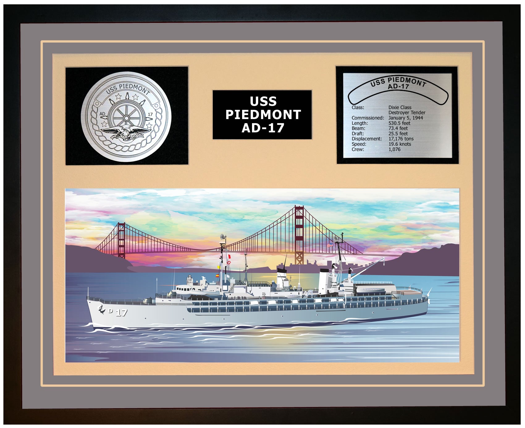 USS PIEDMONT AD-17 Framed Navy Ship Display Grey