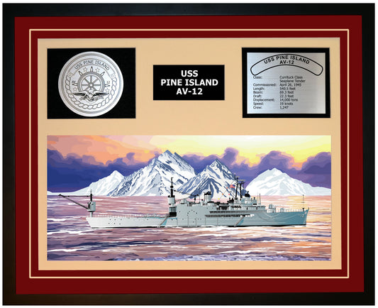 USS PINE ISLAND AV-12 Framed Navy Ship Display Burgundy