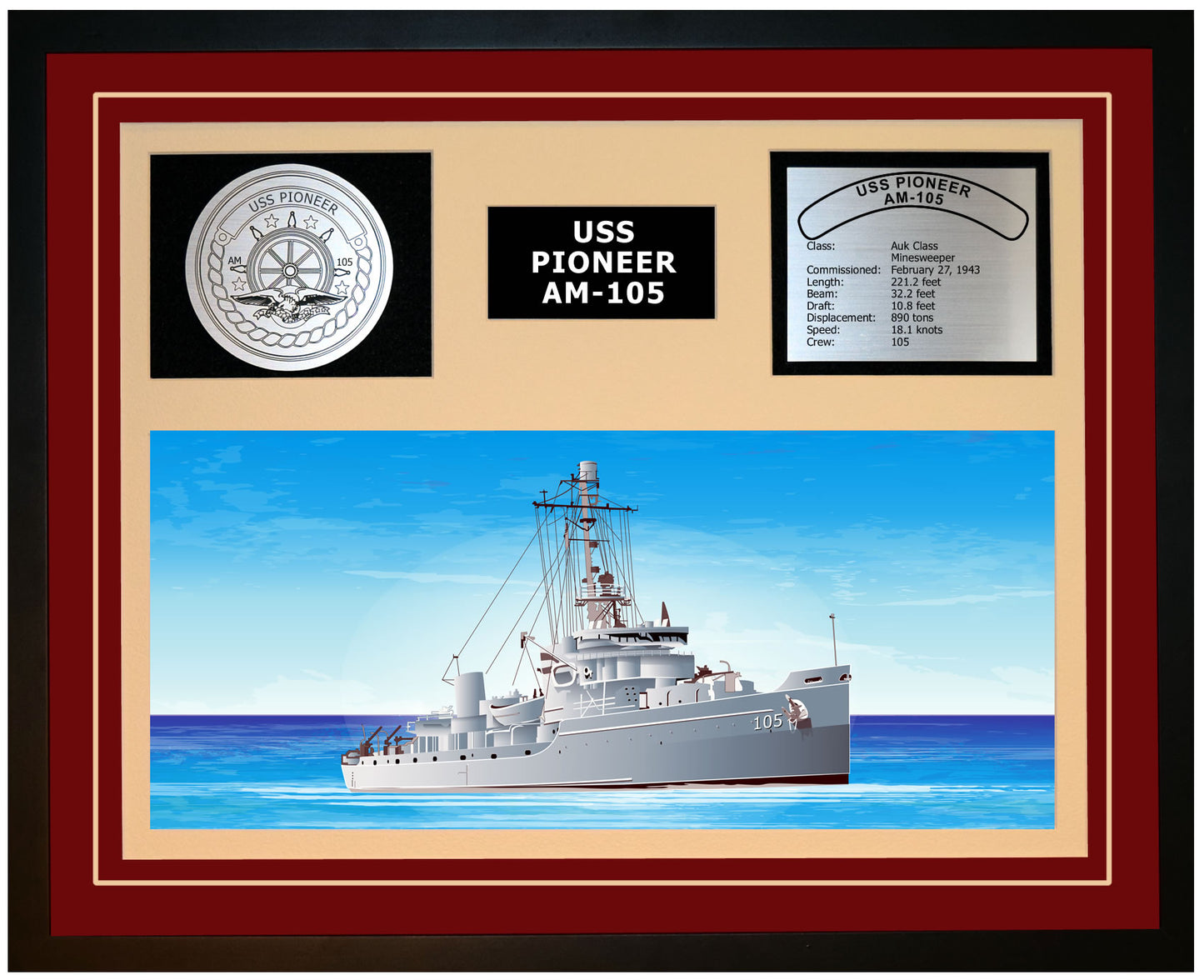 USS PIONEER AM-105 Framed Navy Ship Display Burgundy
