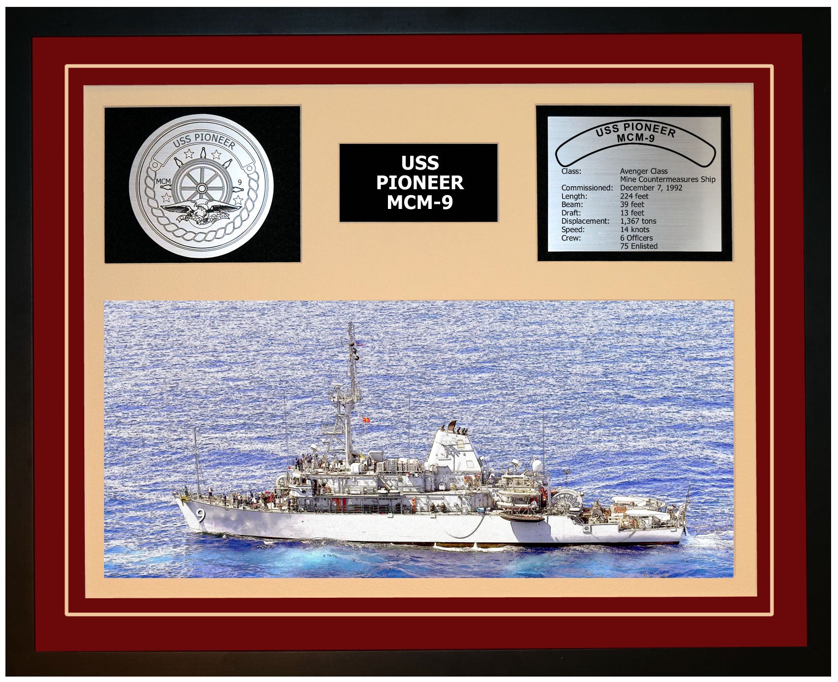 USS PIONEER MCM-9 Framed Navy Ship Display Burgundy