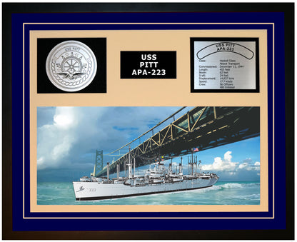 USS PITT APA-223 Framed Navy Ship Display Blue