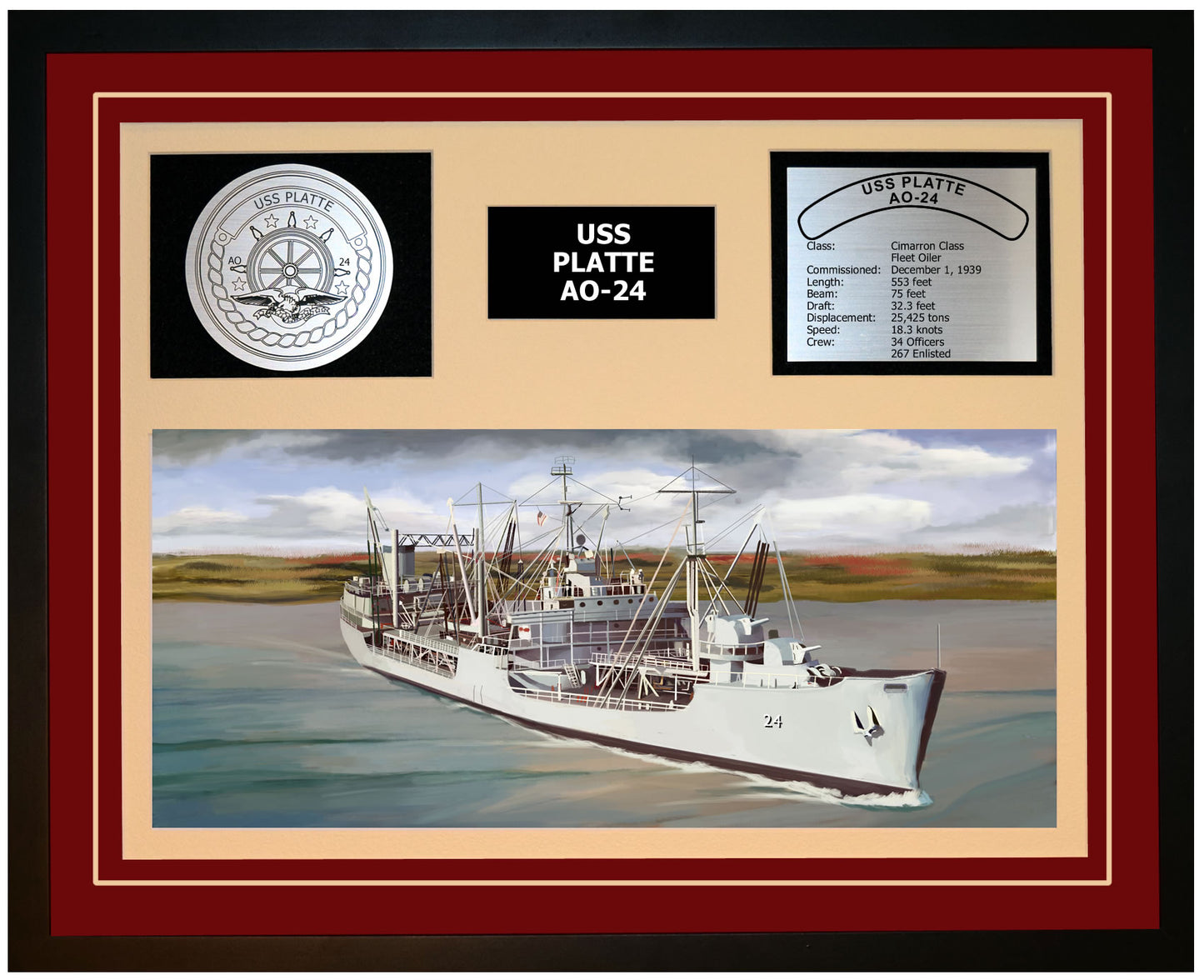 USS PLATTE AO-24 Framed Navy Ship Display Burgundy