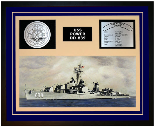 USS POWER DD-839 Framed Navy Ship Display Blue