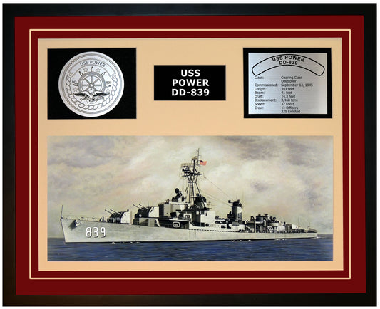 USS POWER DD-839 Framed Navy Ship Display Burgundy