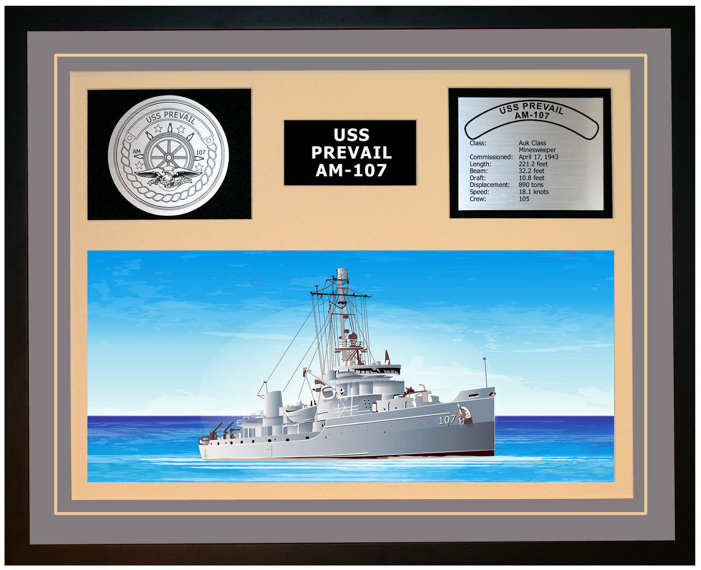 USS PREVAIL AM-107 Framed Navy Ship Display Grey