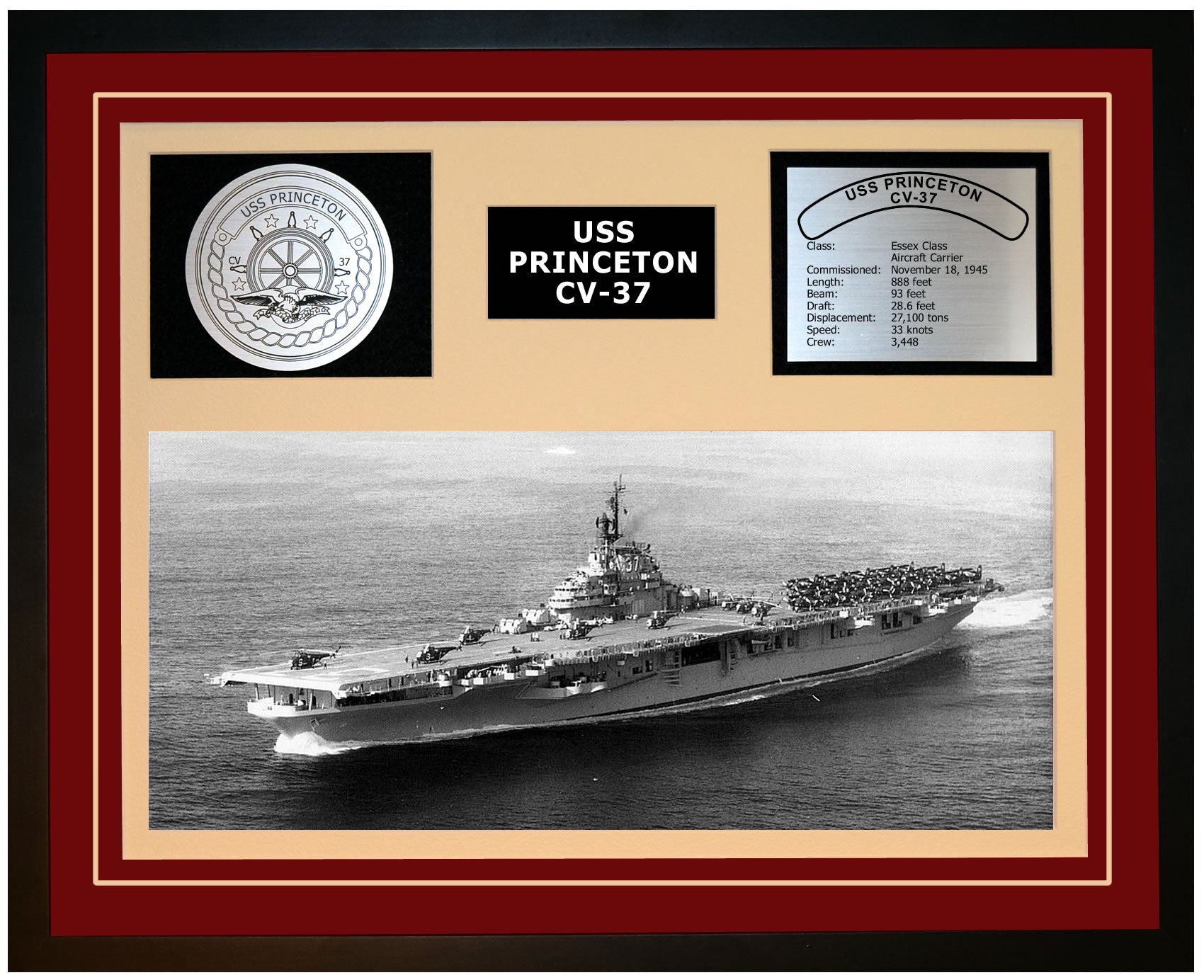 USS PRINCETON CV-37 Framed Navy Ship Display Burgundy