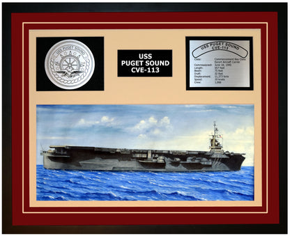 USS PUGET SOUND CVE-113 Framed Navy Ship Display Burgundy