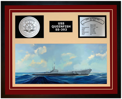 USS QUEENFISH SS-393 Framed Navy Ship Display Burgundy