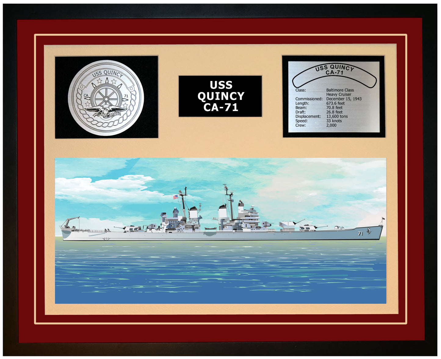 USS QUINCY CA-71 Framed Navy Ship Display Burgundy