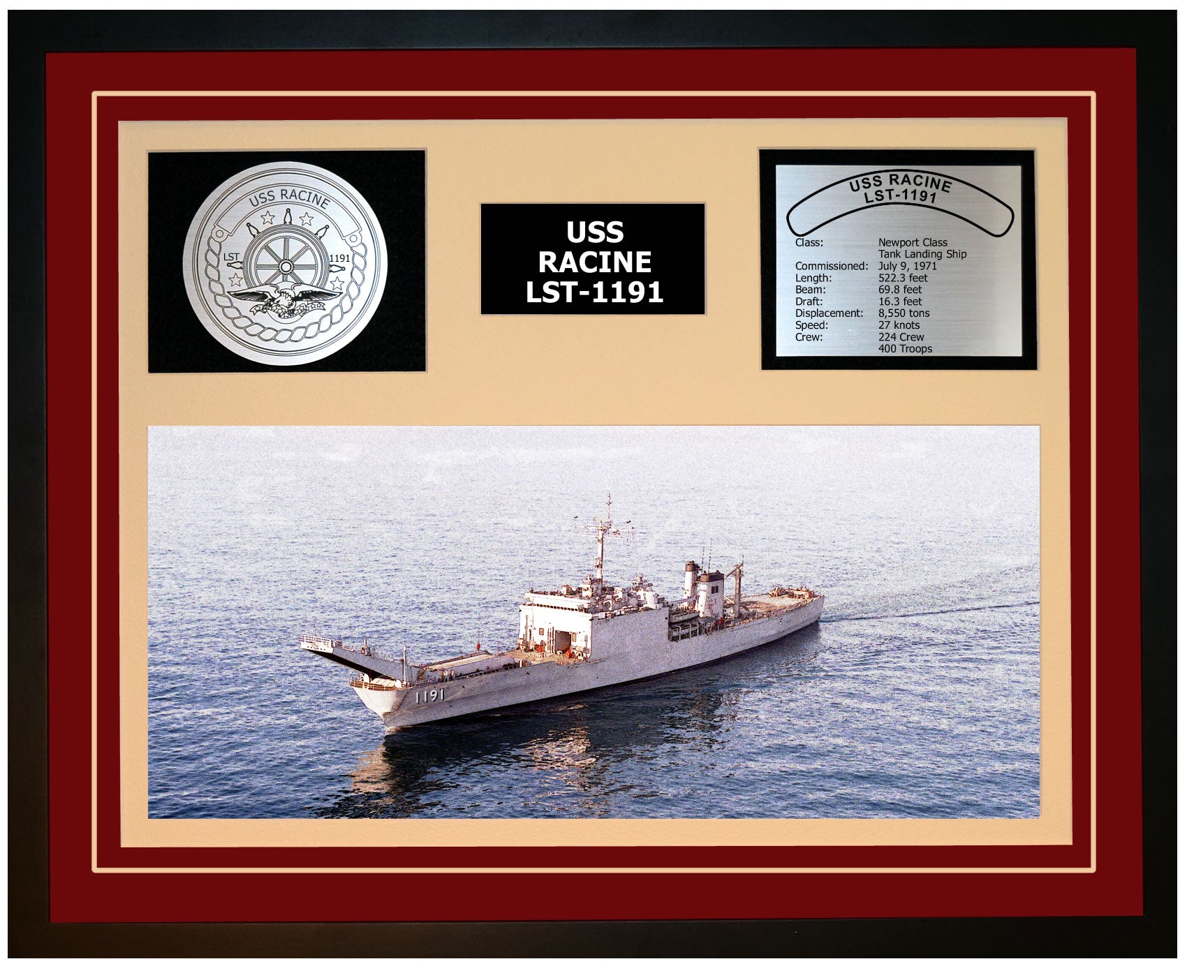 USS RACINE LST-1191 Framed Navy Ship Display Burgundy