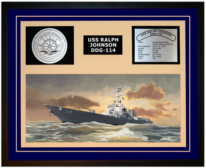 USS RALPH JOHNSON DDG-114 Framed Navy Ship Display Blue