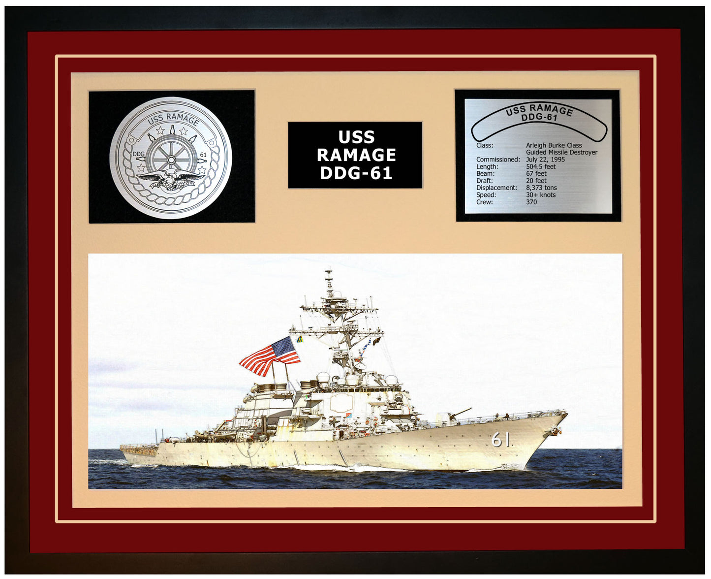 USS RAMAGE DDG-61 Framed Navy Ship Display Burgundy