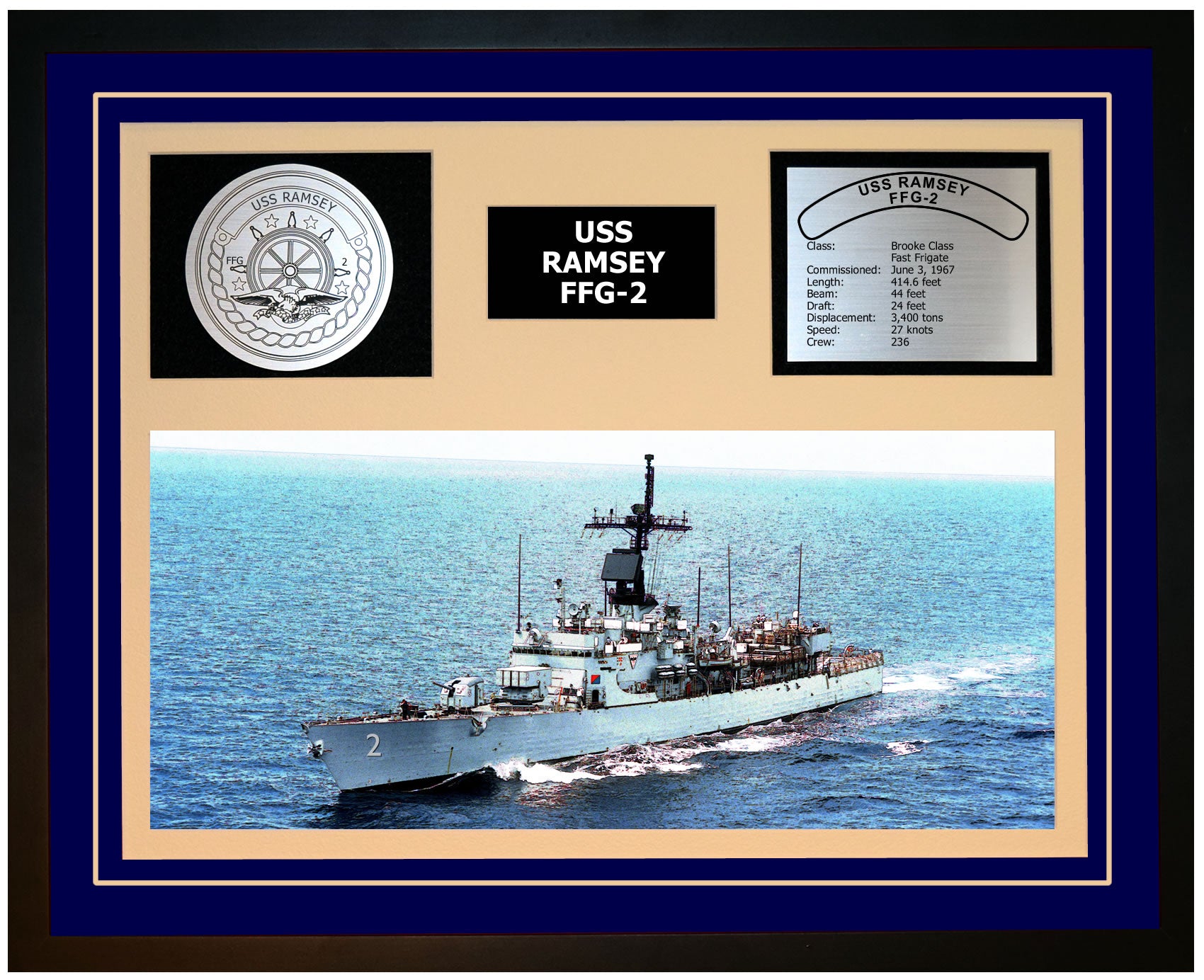 USS RAMSEY FFG-2 Framed Navy Ship Display Blue