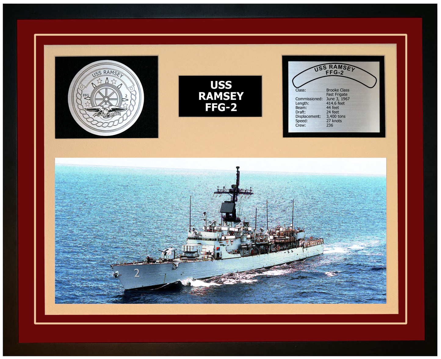 USS RAMSEY FFG-2 Framed Navy Ship Display Burgundy