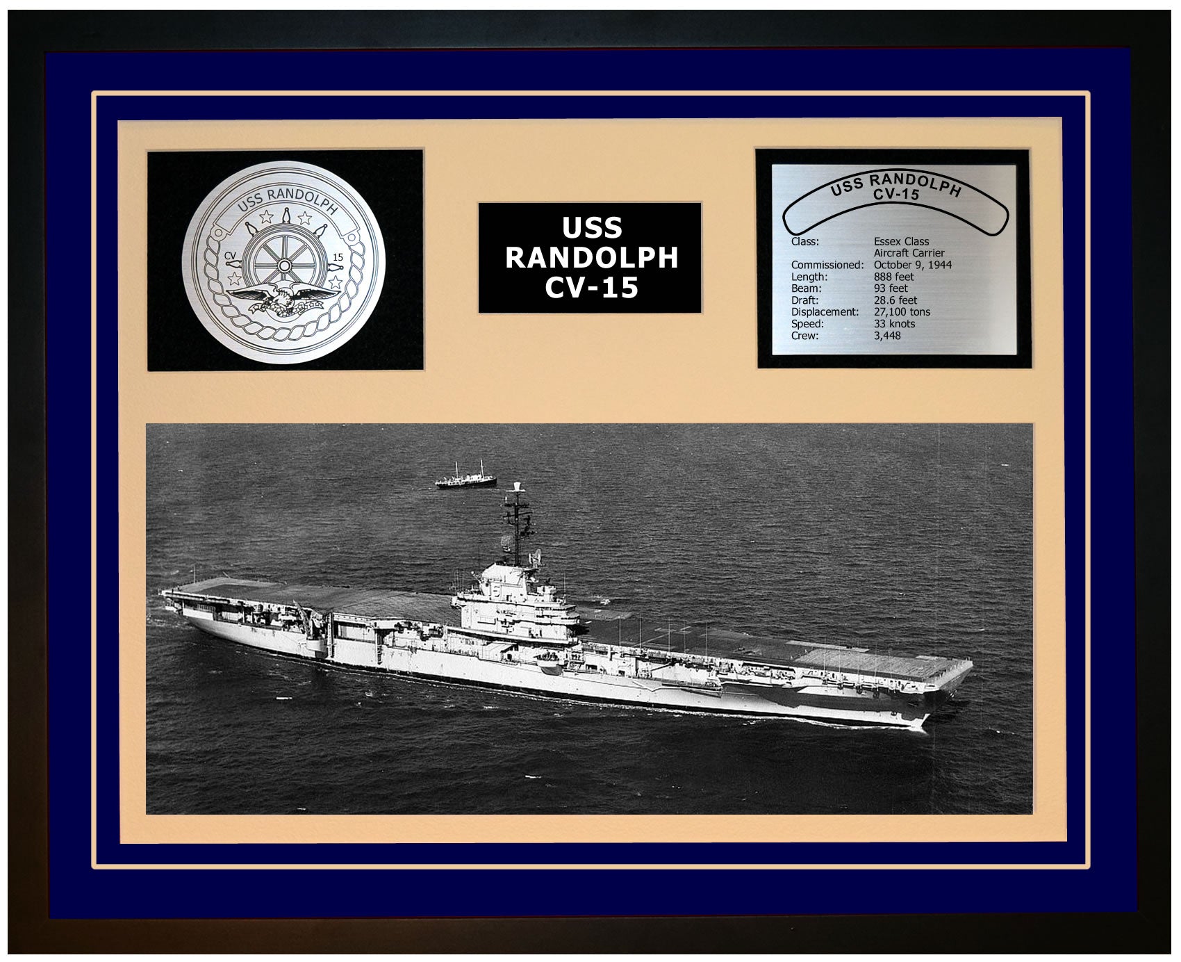 USS RANDOLPH CV-15 Framed Navy Ship Display Blue