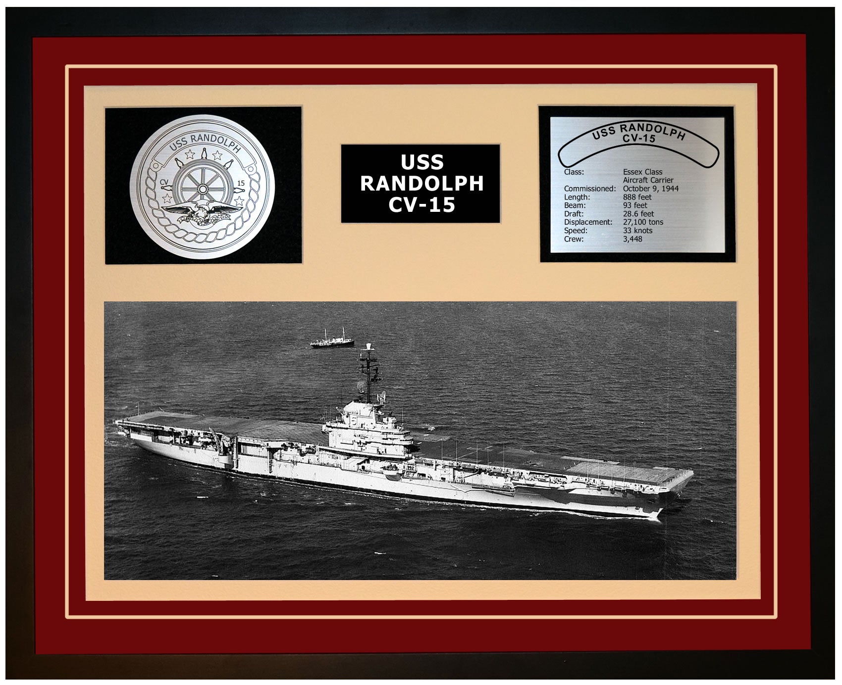 USS RANDOLPH CV-15 Framed Navy Ship Display Burgundy