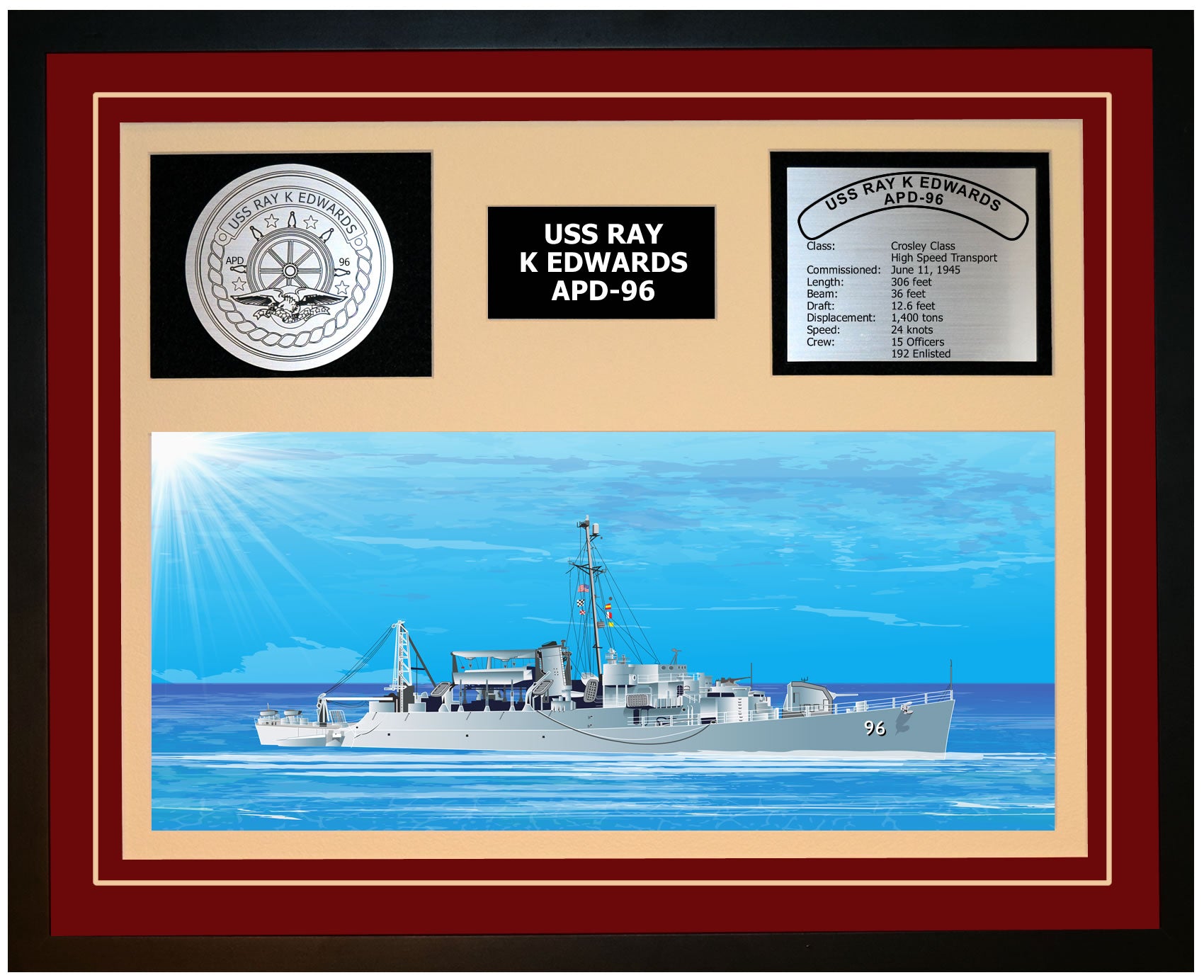 USS RAY K EDWARDS APD-96 Framed Navy Ship Display Burgundy