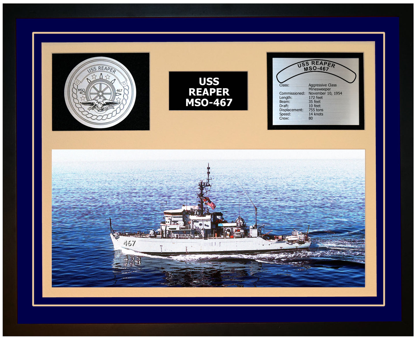 USS REAPER MSO-467 Framed Navy Ship Display Blue