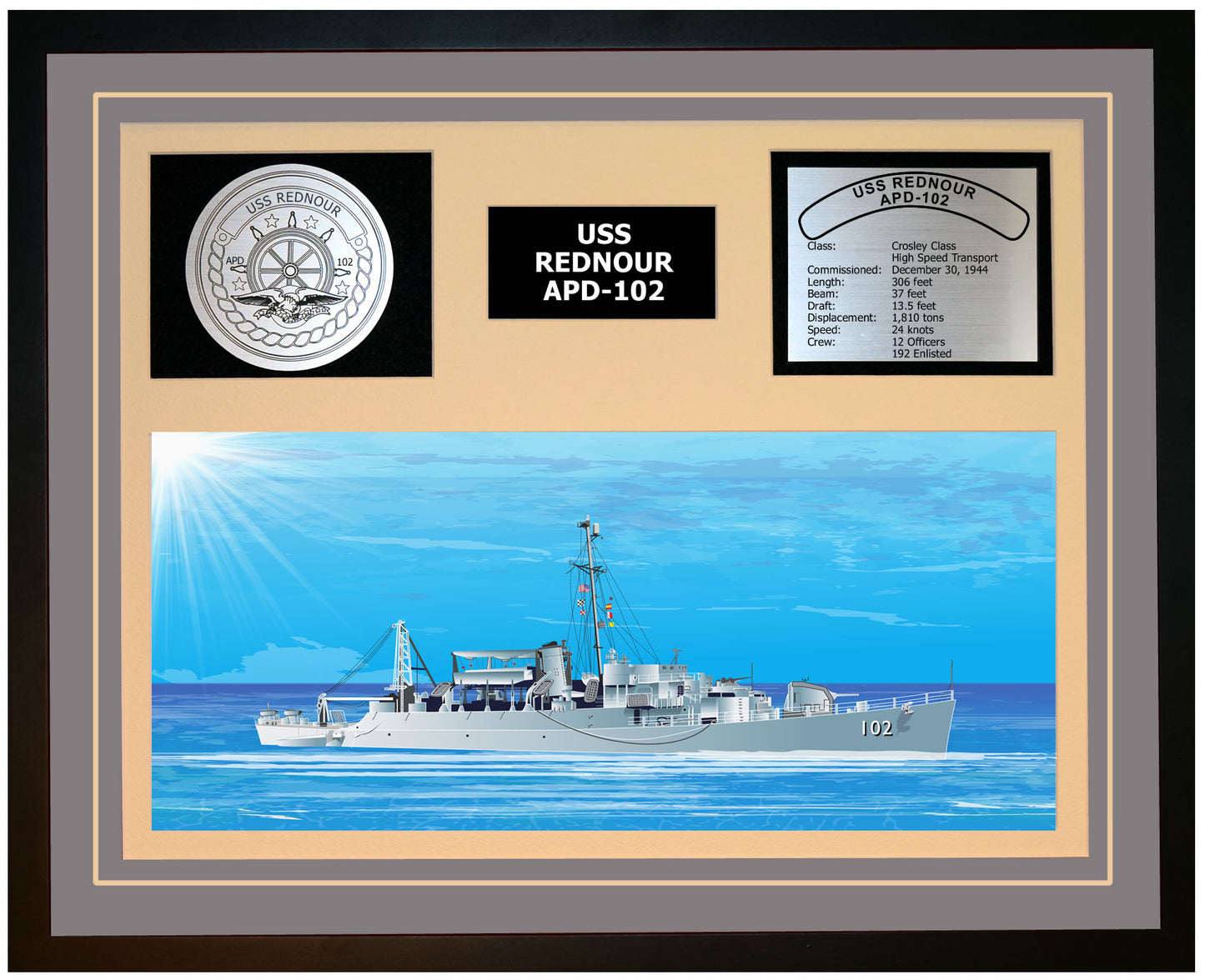 USS REDNOUR APD-102 Framed Navy Ship Display Grey