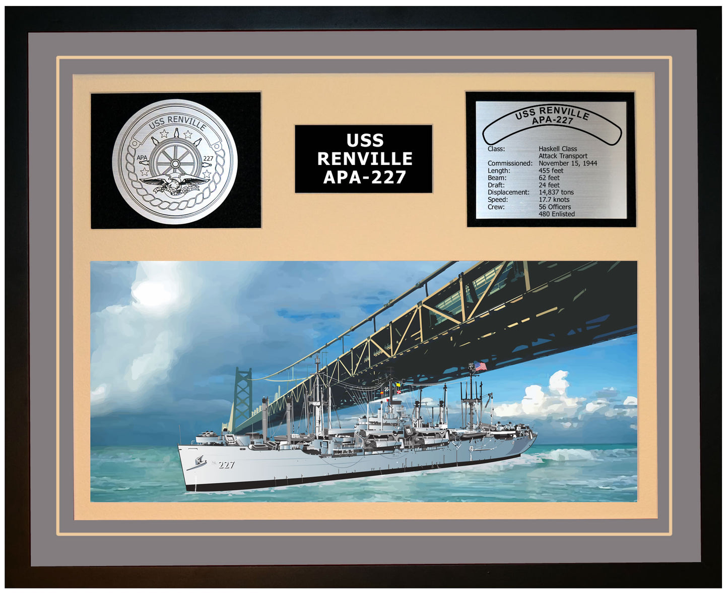 USS RENVILLE APA-227 Framed Navy Ship Display Grey