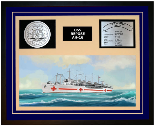 USS REPOSE AH-16 Framed Navy Ship Display Blue