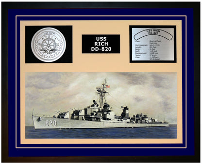 USS RICH DD-820 Framed Navy Ship Display Blue