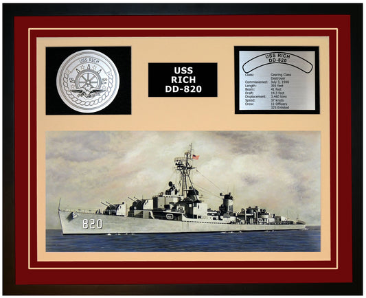 USS RICH DD-820 Framed Navy Ship Display Burgundy