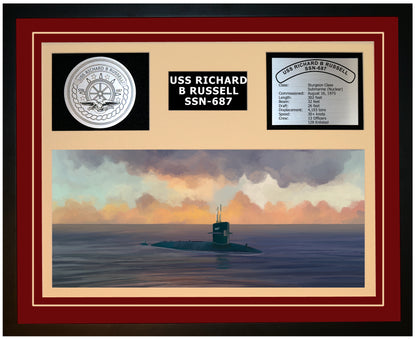 USS RICHARD B RUSSELL SSN-687 Framed Navy Ship Display Burgundy