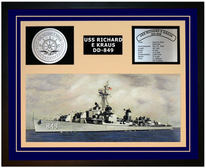 USS RICHARD E KRAUS DD-849 Framed Navy Ship Display Blue