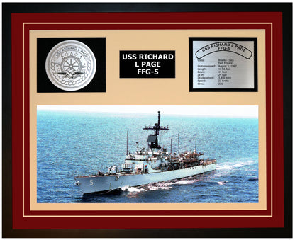 USS RICHARD L PAGE FFG-5 Framed Navy Ship Display Burgundy